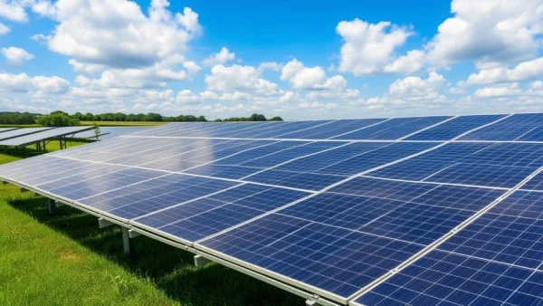 Fazenda de energia solar com painéis fotovoltaicos alinhados