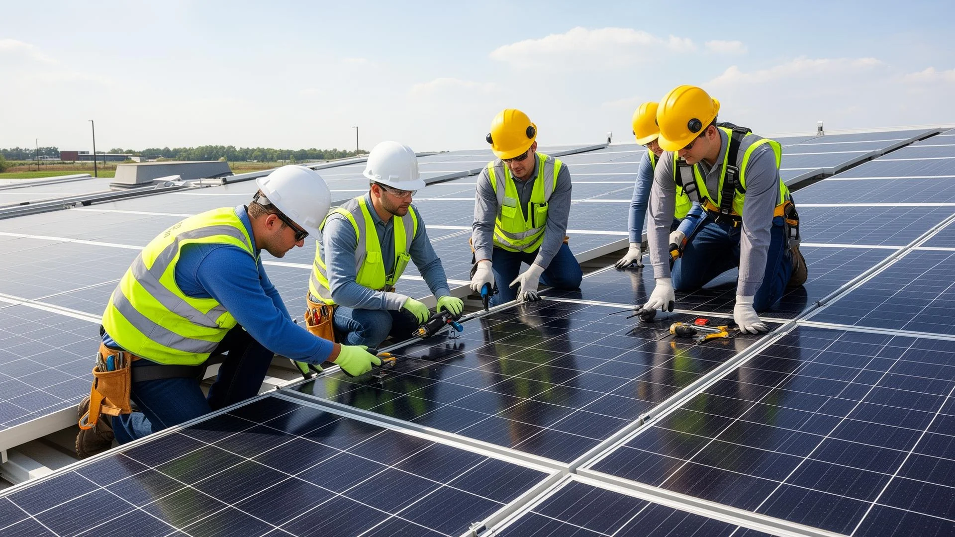 Técnicos especializados instalando painéis solares fotovoltaicos
